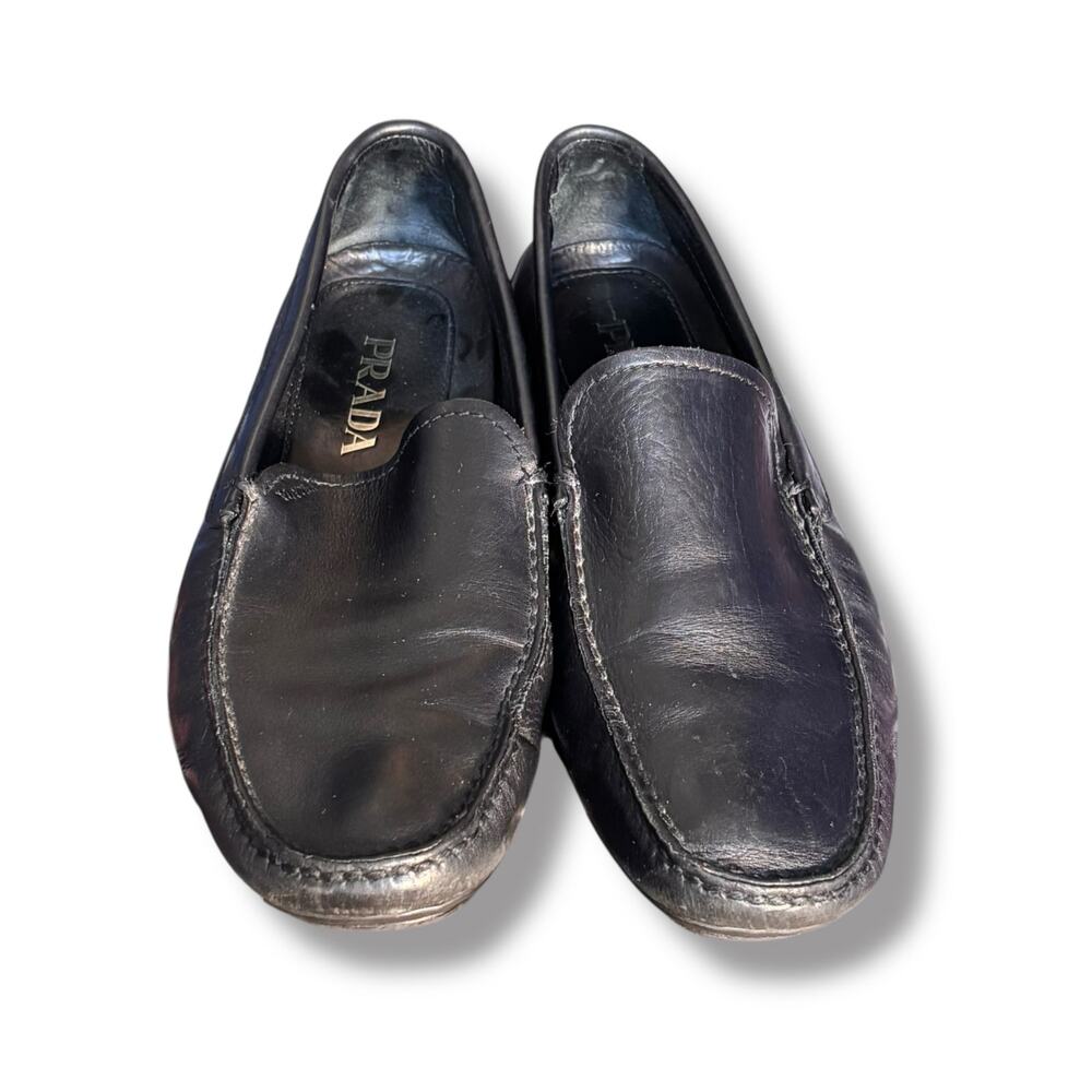 Prada Black Leather Driving Loafers Size 7 Slip On Italy Designer Minimalist - Picture 3 of 11